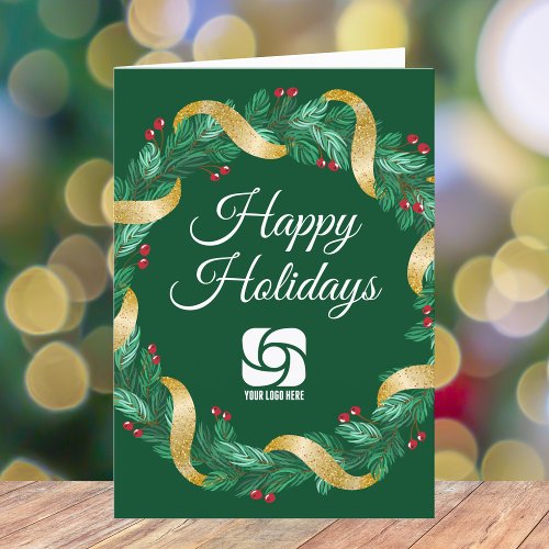 Custom Business Logo Green Christmas Wreath Holiday Card
