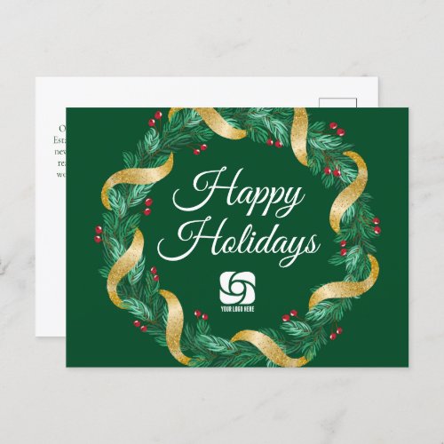 Custom Business Logo Green Christmas Wreath Holiday Postcard