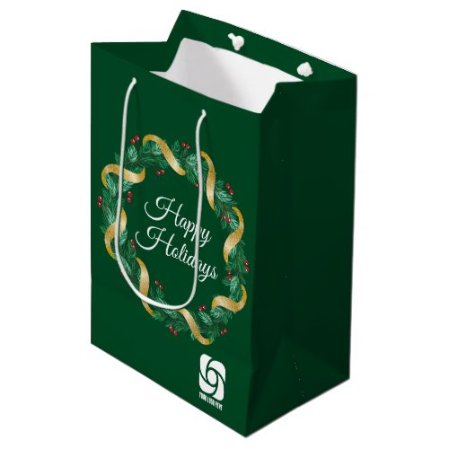 Custom Business Logo Green Christmas Wreath Medium Gift Bag