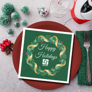 Custom Business Logo Green Christmas Wreath Napkins