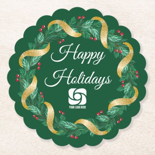 Custom Business Logo Green Christmas Wreath Paper Coaster