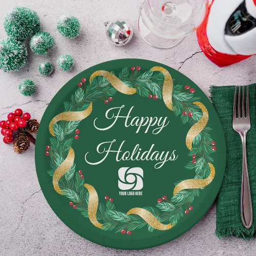 Custom Business Logo Green Christmas Wreath Paper Plates