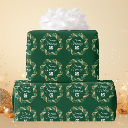 Custom Business Logo Green Christmas Wreath Wrapping Paper
