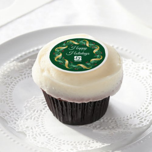 Custom Business Logo Green Wreath Holiday Party Edible Frosting Rounds