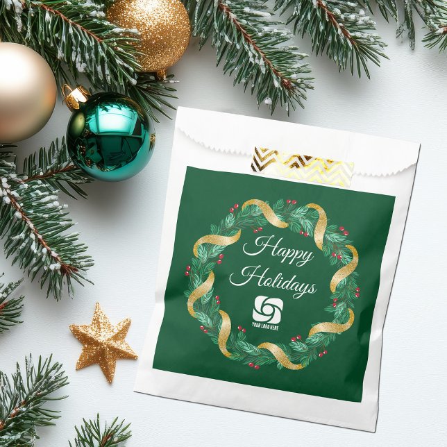 Custom Business Logo Green Wreath Holiday Party Favor Bag (Creator Uploaded)