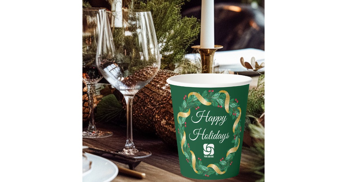 Custom Business Logo Green Wreath Holiday Party Paper Cups | Zazzle