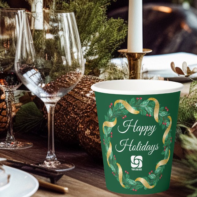 Custom Business Logo Green Wreath Holiday Party Paper Cups (Creator Uploaded)