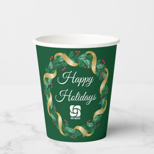 Custom Business Logo Green Wreath Holiday Party Paper Cups
