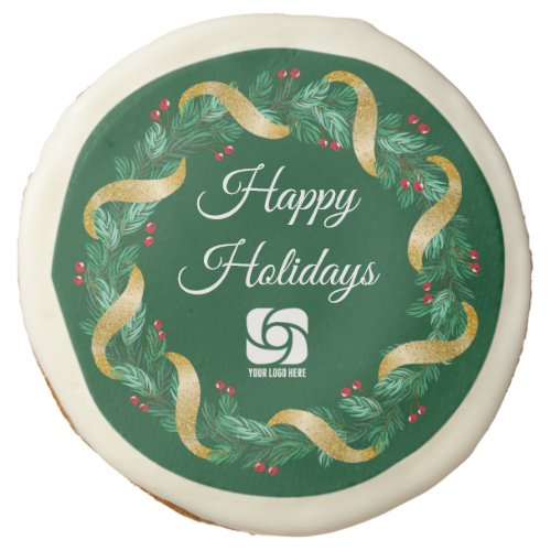 Custom Business Logo Green Wreath Holiday Party Sugar Cookie