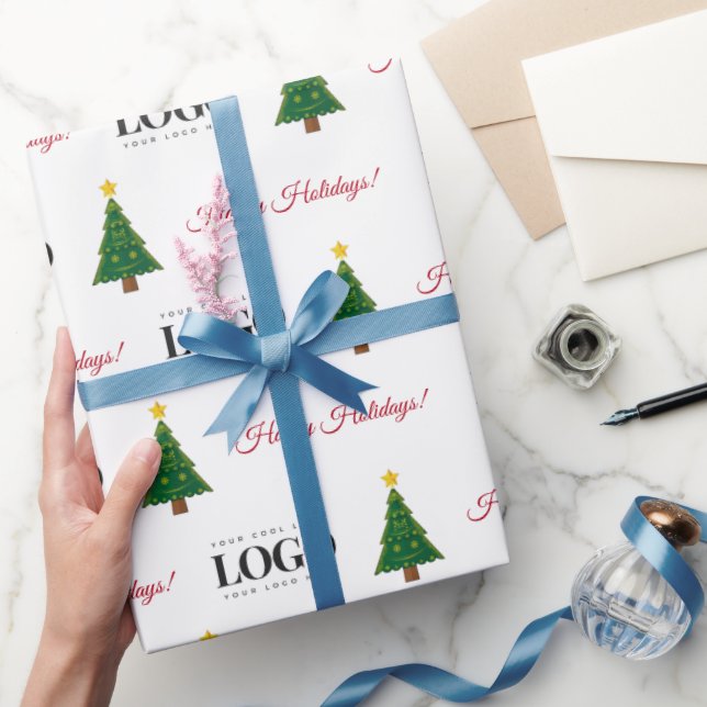 Custom Business Logo & Happy Holidays Xmas Tree Wrapping Paper (Gifting)