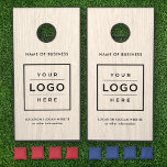 Custom Business Logo Light Wood Grain Branded Cornhole Set<br><div class="desc">Custom branded cornhole bean bag toss yard game set features a business logo design centered on the front and framed by custom text that can be personalized with the name of the company, location, slogan, website, or other info. Rustic faux light white washed wood grain background and black text colors...</div>
