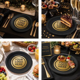 Custom Business Logo Luxury Black and Gold Paper Plates