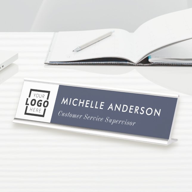 Custom Business Logo Modern Employee Blue Desk Name Plate (Creator Uploaded)