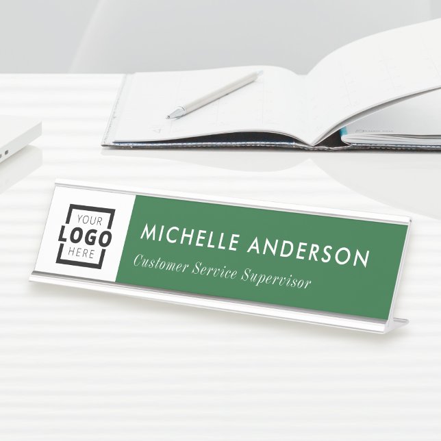 Custom Business Logo Modern Employee Green Desk Name Plate (Creator Uploaded)