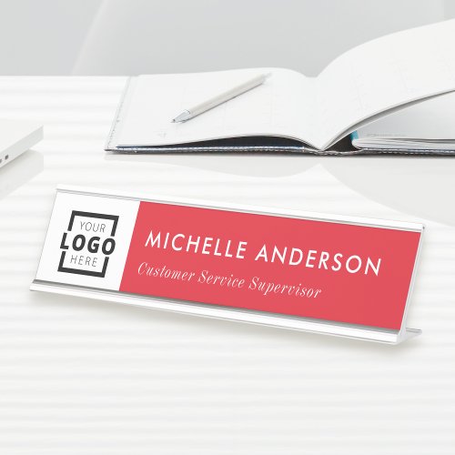 Custom Business Logo Modern Employee Red Desk Name Plate