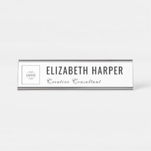 Custom Business Logo Modern White & Black Desk Name Plate