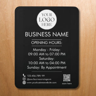 Custom Business Logo Name QR Code Open Hours Black Door Sign