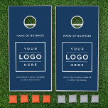 Custom Business Logo Navy Blue Branded Cornhole Set<br><div class="desc">Custom branded cornhole bean bag toss yard game set features a business logo design centered on the front and framed by custom text that can be personalized with the name of the company,  location,  slogan,  website,  or other info. Navy blue background and white text colors can be modified.</div>