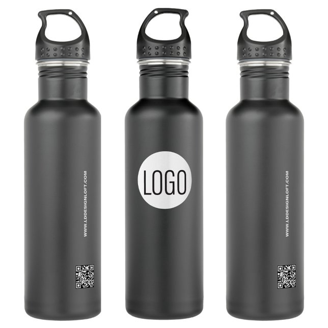 Custom business logo on black QR code website Stainless Steel Water Bottle (Black white simple logo with QR code website. modern design.)