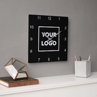 Custom Business Logo on Minimal Black Background Square Wall Clock
