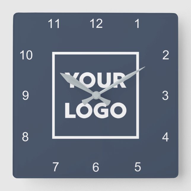 Custom Business Logo on Minimal Navy Blue Square Wall Clock (Front)