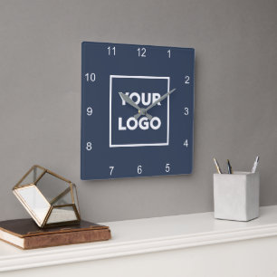 Custom Business Logo on Minimal Navy Blue Square Wall Clock