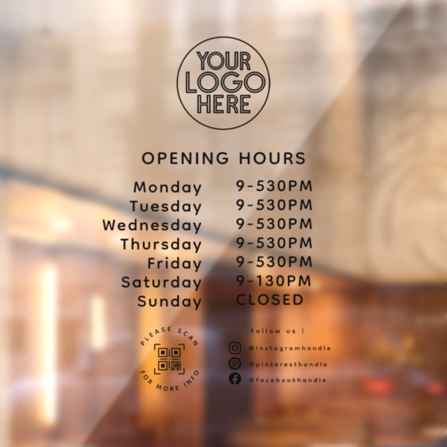 Custom Business Logo Opening Times QR Code Socials Window Cling (Sheet 2)