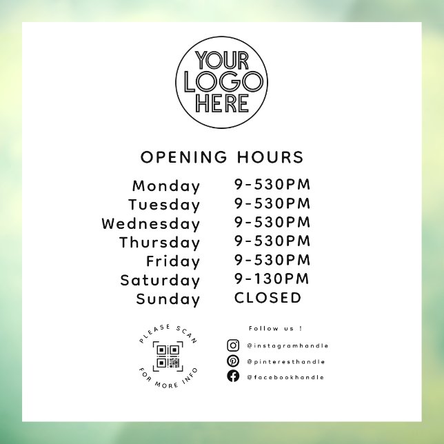 Custom Business Logo Opening Times QR Code | White Window Cling (Sheet 3)