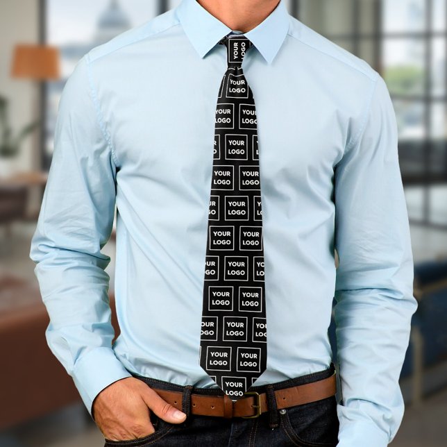 Custom Business Logo Pattern on Black 2 Sided Neck Tie (Custom Business Logo Pattern on Black 2 Sided Neck Tie, worn)