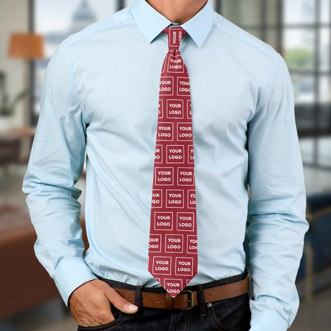 Custom Business Logo Pattern on Burgundy 2 Sided Neck Tie (Custom Business Logo Pattern on Burgundy 2 Sided Neck Tie, worn)