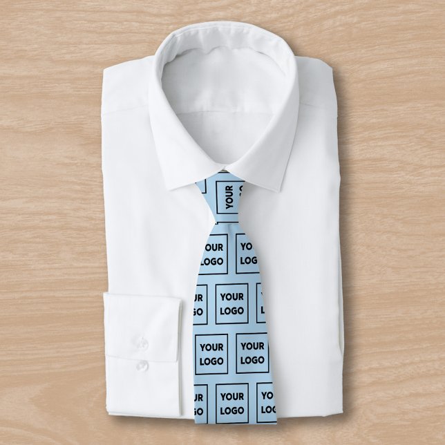 Custom Business Logo Pattern on Light Blue 2 Sided Neck Tie (Custom Business Logo Pattern on Light Blue Neck Tie, tied, in situ)