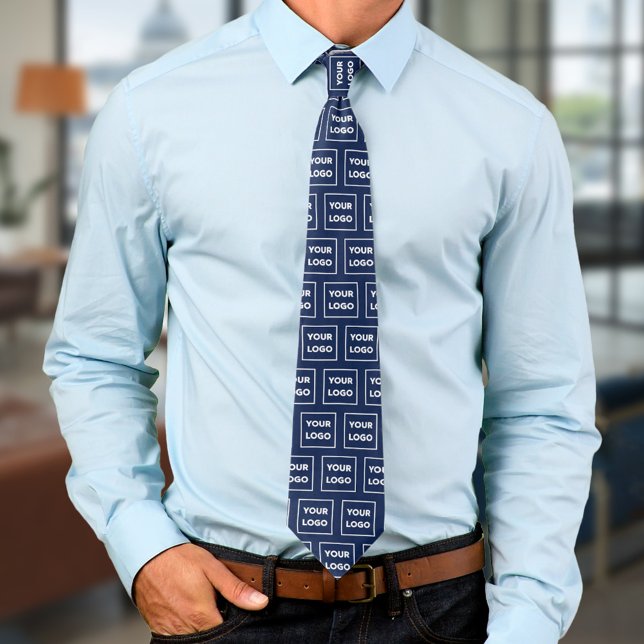 Custom Business Logo Pattern on Navy Blue 2 Sided Neck Tie (Custom Business Logo Pattern on Navy Blue 2 Sided Neck Tie, in situ)