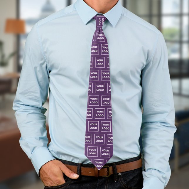Custom Business Logo Pattern on Purple 2 Sided Neck Tie (Custom Business Logo Pattern on Purple Neck Tie, in situ)