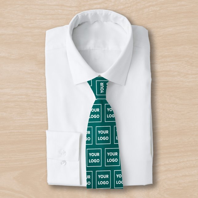 Custom Business Logo Pattern on Teal 2 Sided Neck Tie (Custom Business Logo Pattern on Teal Neck Tie, tied, in situ)