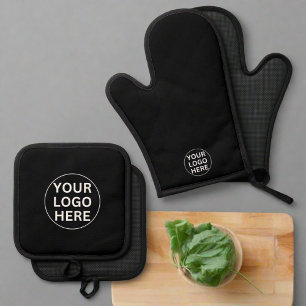Custom Business Logo Promotional Black & White Oven Mitt & Pot Holder Set