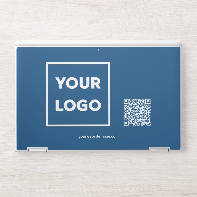 Custom Business Logo QR Code and Text on Blue HP Laptop Skin (Front)