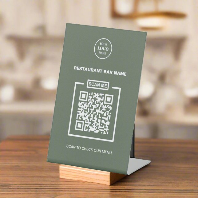 Custom Business Logo QR Code Clean Sage Green  Pedestal Sign (Creator Uploaded)