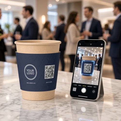 Custom Business Logo QR Code Navy Blue Coffee Cup Sleeve