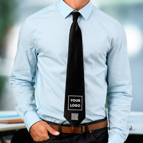 Custom Business Logo QR Code on Black 2 Sided Neck Tie