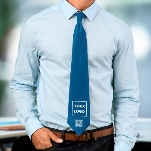 Custom Business Logo QR Code on Blue 2 Sided Neck Tie