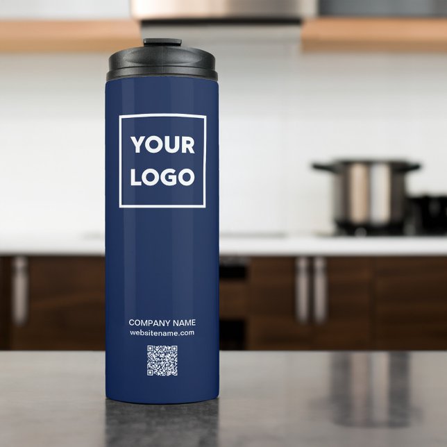 Custom Business Logo QR Code on Navy Blue Thermal Tumbler (Custom Business Logo QR Code on Navy Blue Thermal Tumbler in situ)