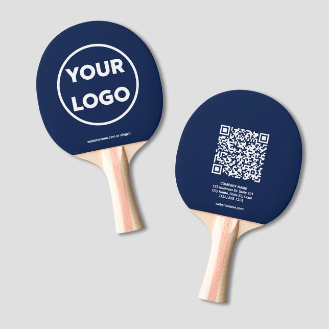 Custom Business Logo QR Code Text Navy Branded Ping Pong Paddle (Custom Business Logo QR Code Text Navy Branded Ping Pong Paddle, front/back)