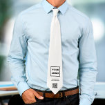 Custom Business Logo QR Code Text on White Neck Tie<br><div class="desc">Create your own branded professional business tie featuring your company logo, name and website, and a custom QR code on a white background. Replace the sample logo, text, and URL link with your own in the sidebar. Your logo can be circular, square, or another shape and any color. Upload a...</div>