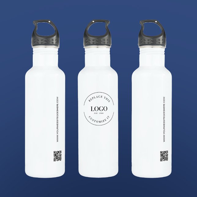 Custom Business Logo QR code website Simple Stainless Steel Water Bottle (Get your logo printed along with your website and the QR code that links to it on these waterbottles)