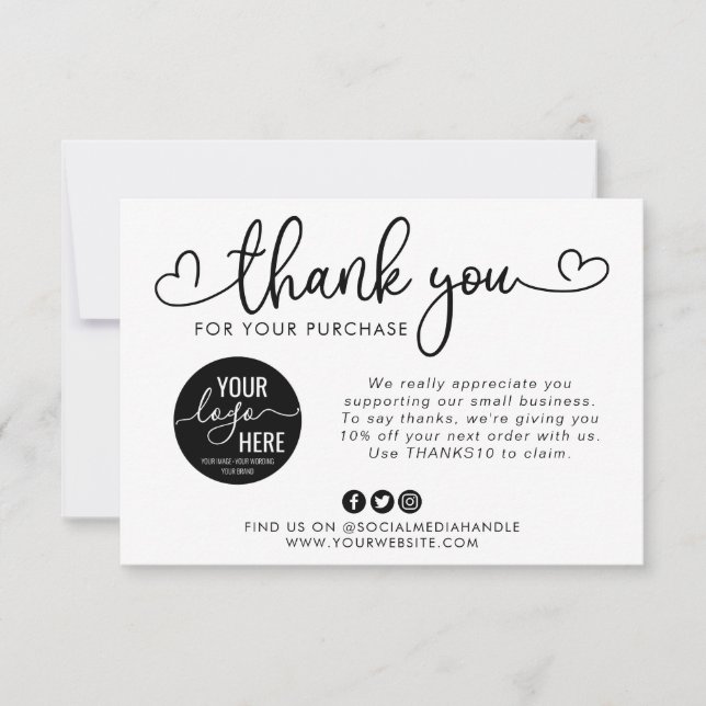 Custom Business Logo Social Media Heart Script Thank You Card (Front)