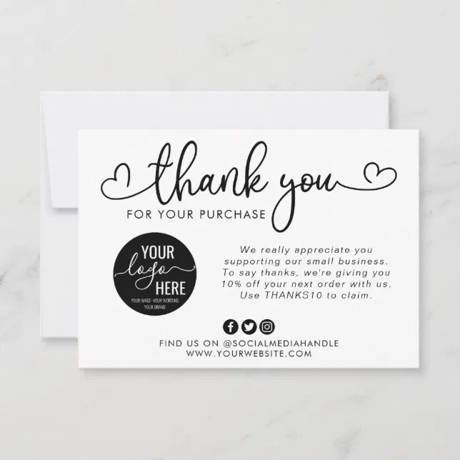 Custom Business Logo Social Media Heart Script Thank You Card | Zazzle