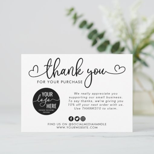 Custom Business Logo Social Media Heart Script Thank You Card | Zazzle