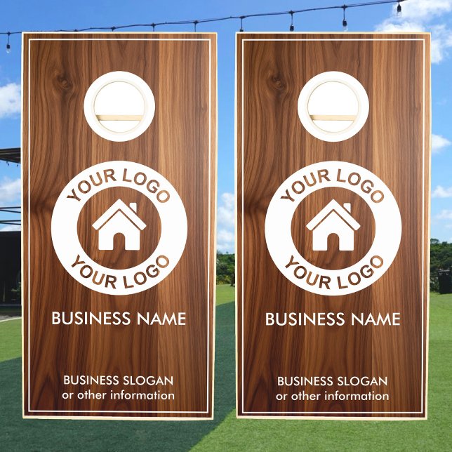 Custom Business Logo Text Brown Wood Grain Cornhole Set (Creator Uploaded)