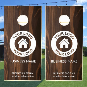 Custom Business Logo Text Dark Wood Grain Cornhole Set