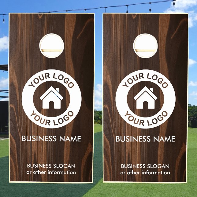 Custom Business Logo Text Dark Wood Grain Cornhole Set (Creator Uploaded)